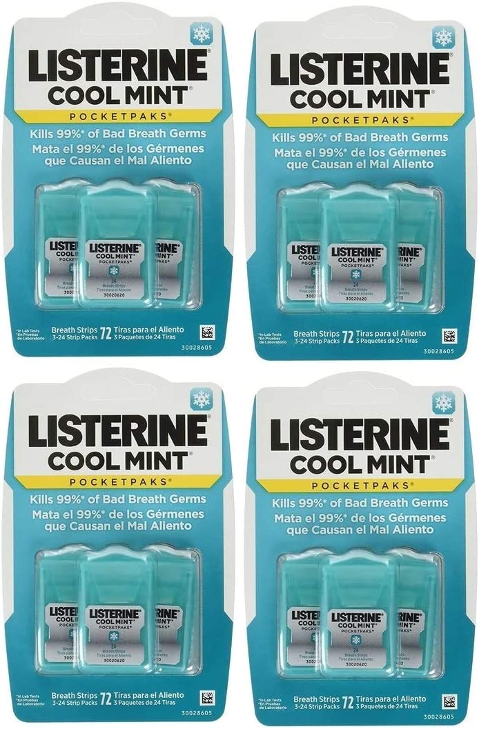 Tiras Listerine Pocketpaks Cool Mint en caja exterior para frescura rápida