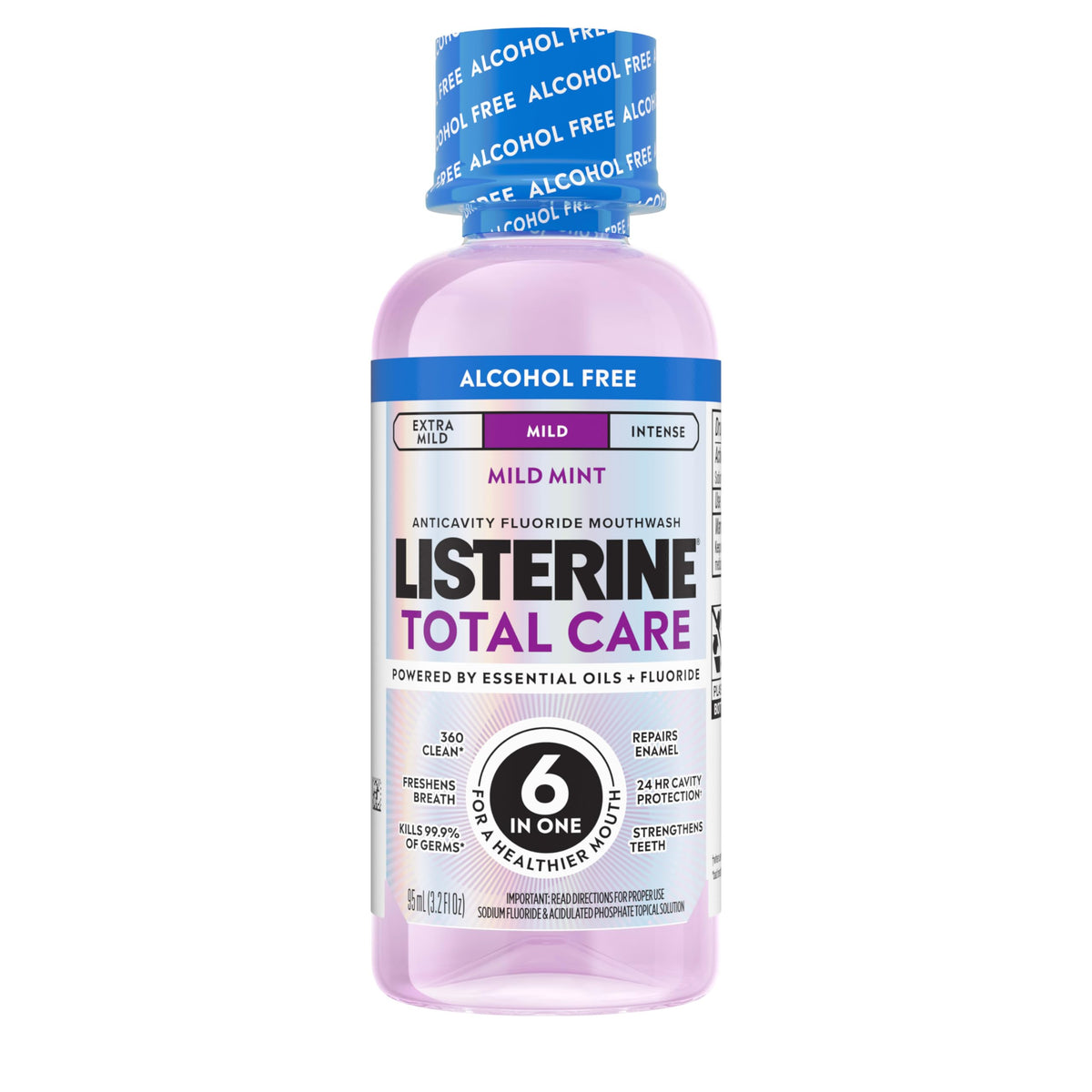 Listerine Total Care sin alcohol suave, botella de 95 ml para uso diario.