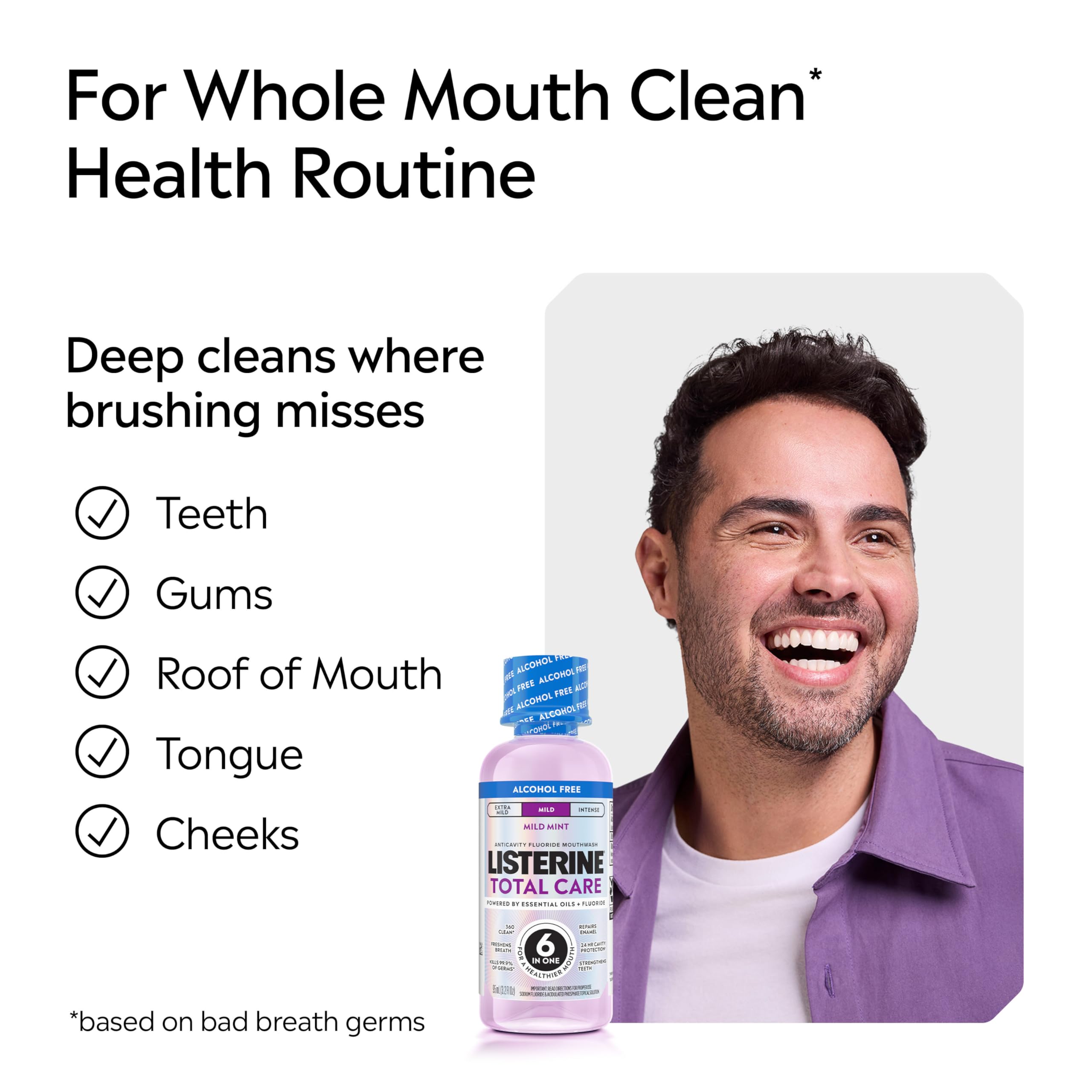 Diseño claro de la etiqueta de Listerine Total Care sin alcohol.