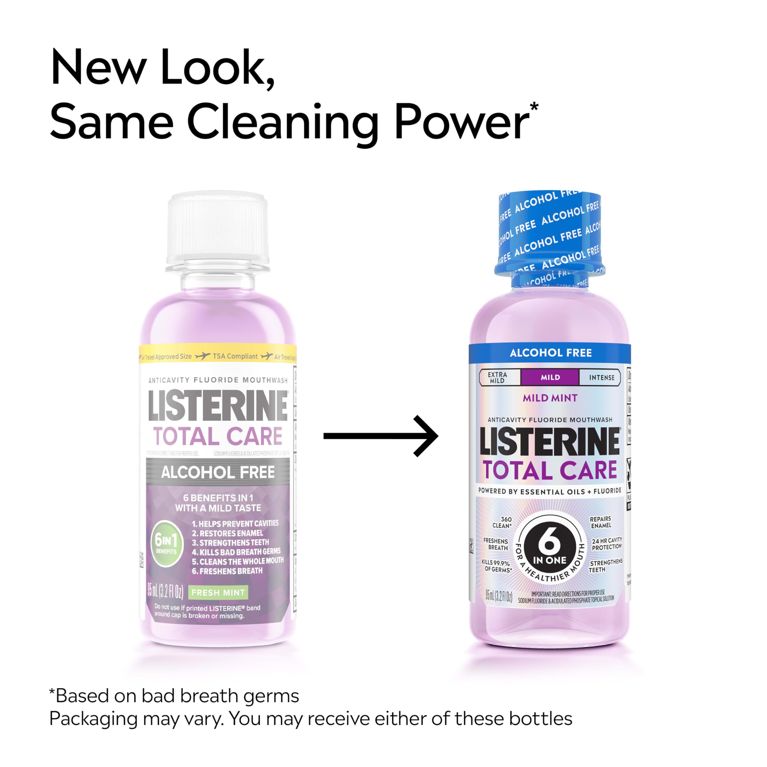 Etiqueta menta suave de Listerine Total Care sin alcohol para aliento fresco.