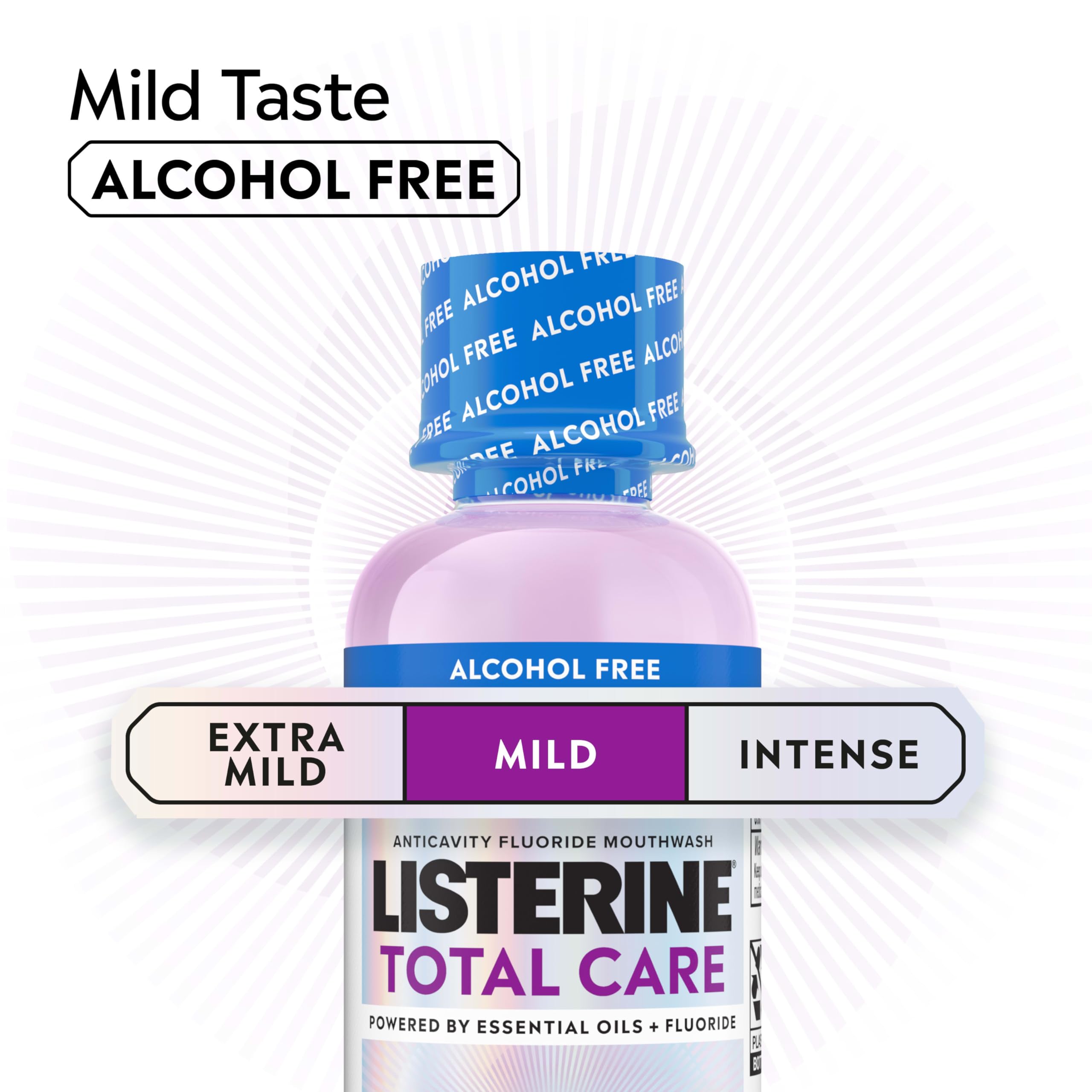 Tapa roscada de Listerine Total Care sin alcohol para cierre seguro.