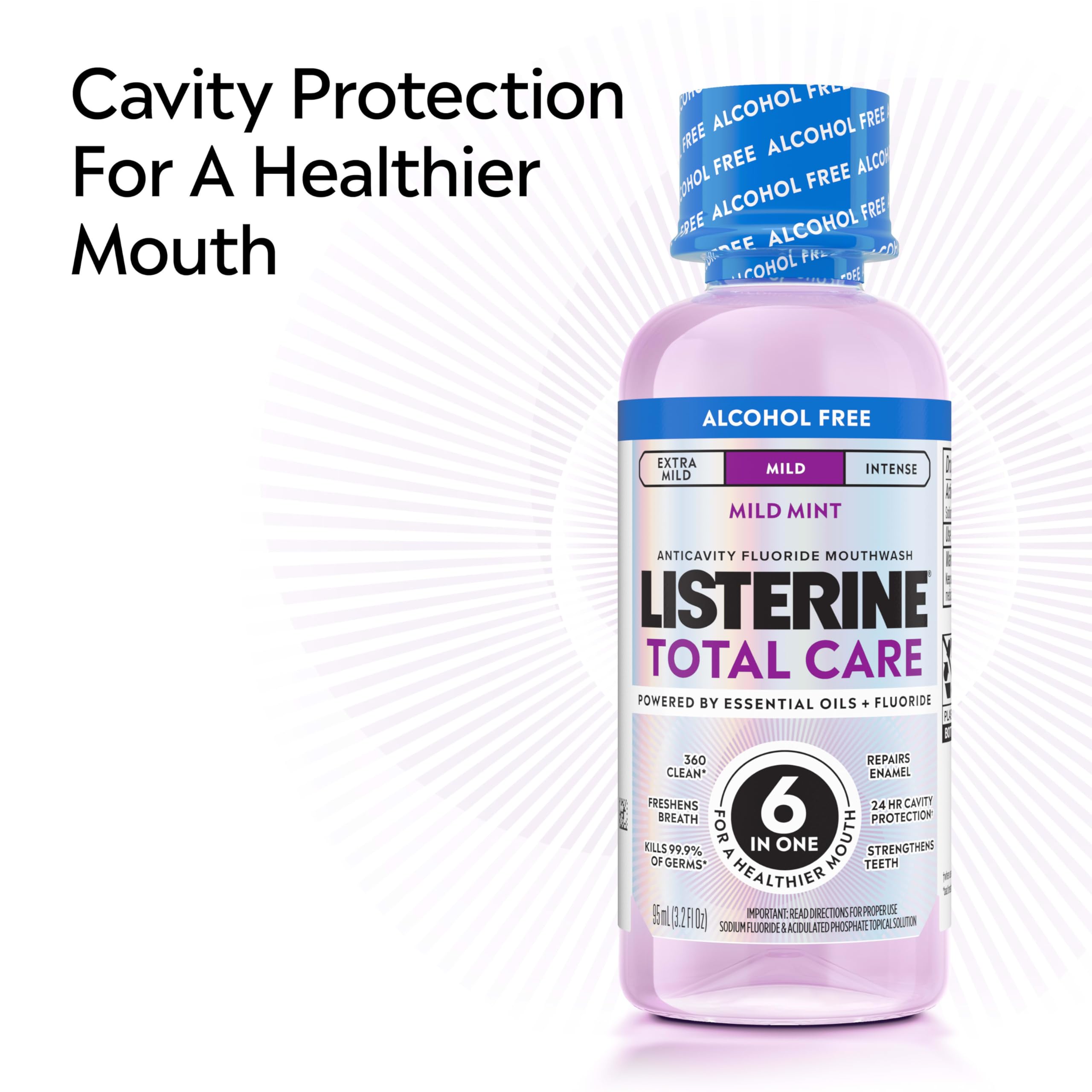 Uso diario matutino y nocturno con Listerine Total Care sin alcohol.