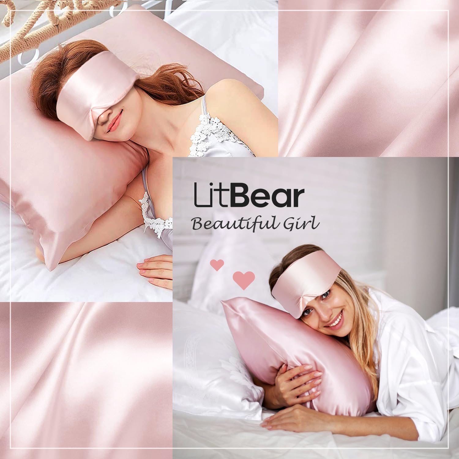 LitBear máscara de seda rosa, diseño envolvente bloquea la luz desde todos los ángulos