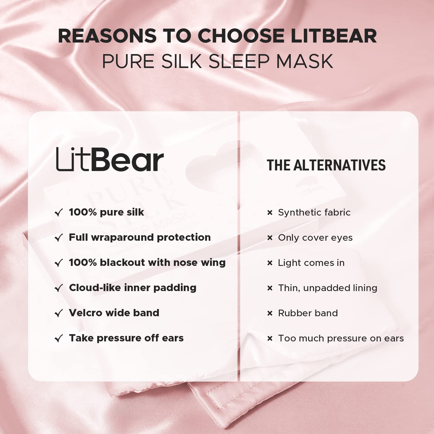 LitBear máscara de seda rosa en elegante caja regalo, regalo perfecto para viajeros