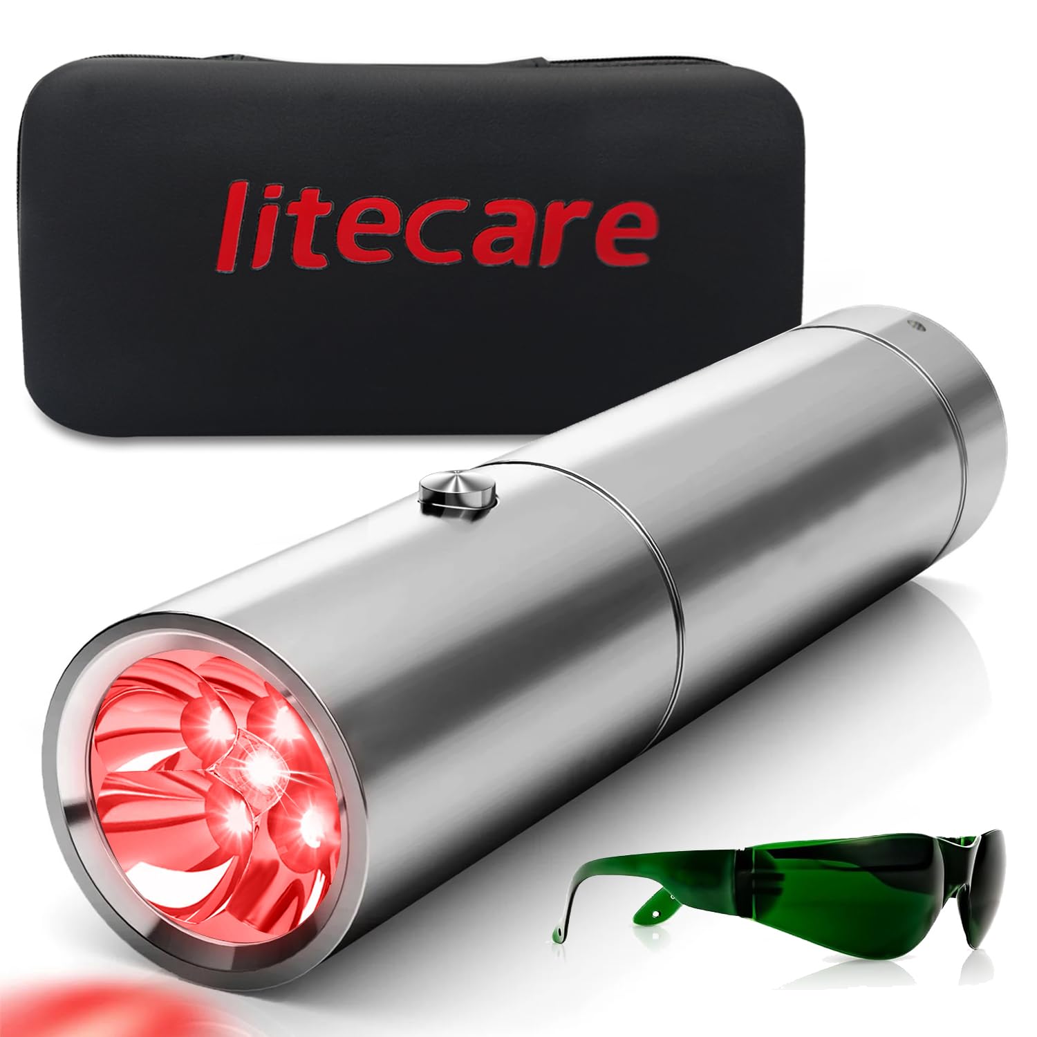 Litecare varita de luz roja enfocada en la mano para alivio suave.