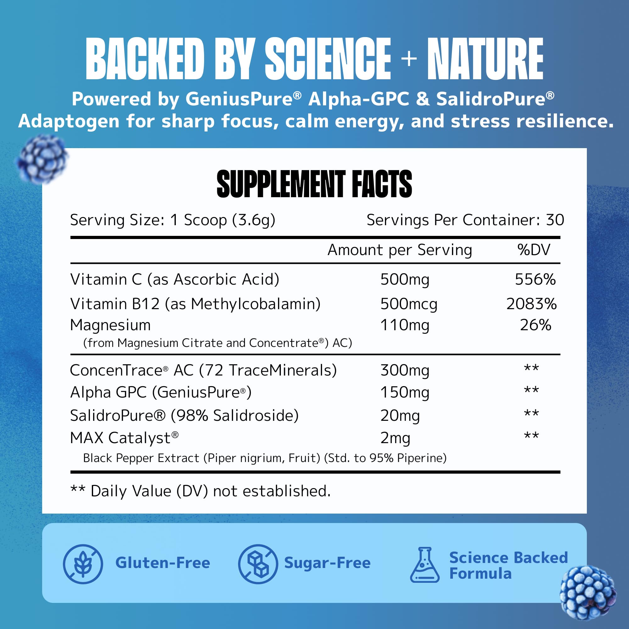 Lithios Brain Fuel Plus polvo frambuesa azul, sabor refrescante para hidratarse.