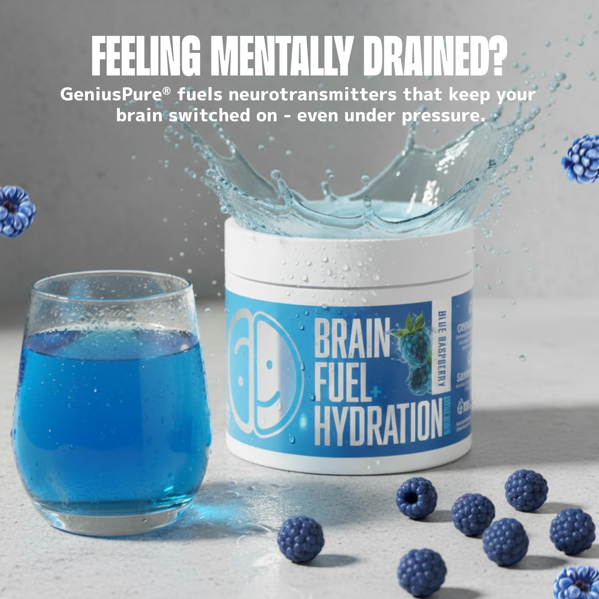 Vaso con Lithios Brain Fuel Plus bebida de frambuesa azul para hidratar durante el día.