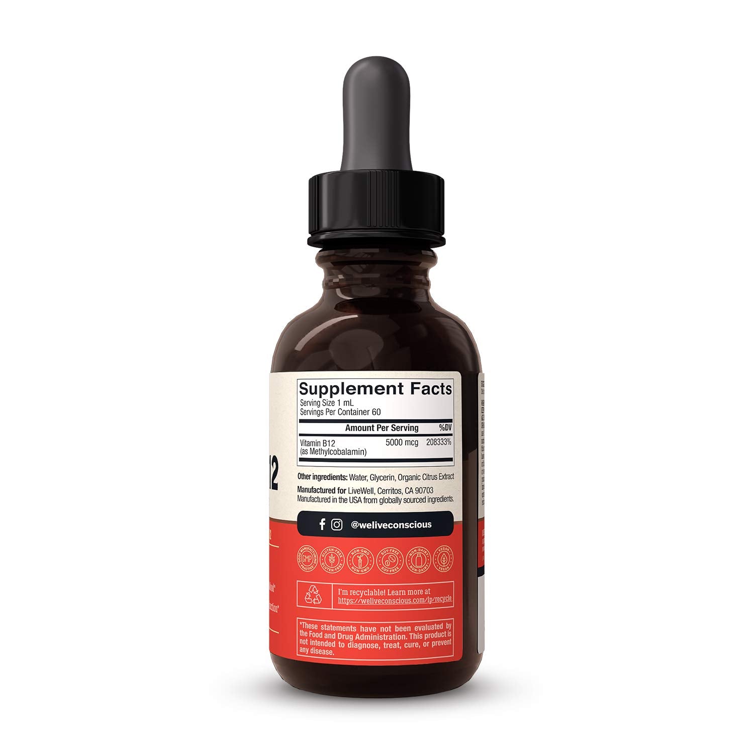 Live Conscious B12 envase de vidrio transparente para revisar caducidad