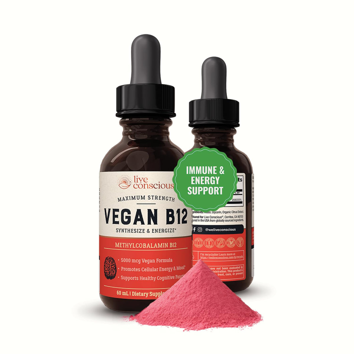 Live Conscious B12 gotas sublinguales en bote frontal, energía diaria