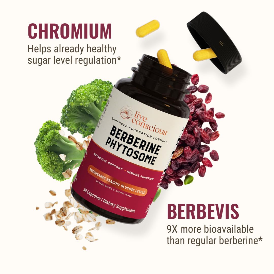 Live Conscious Berberine Phytosome: etiqueta legible con información y ventajas del producto