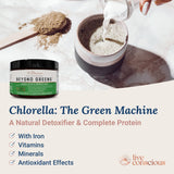 Live Conscious Beyond Greens, copa con bebida verde para energía suave cada mañana.