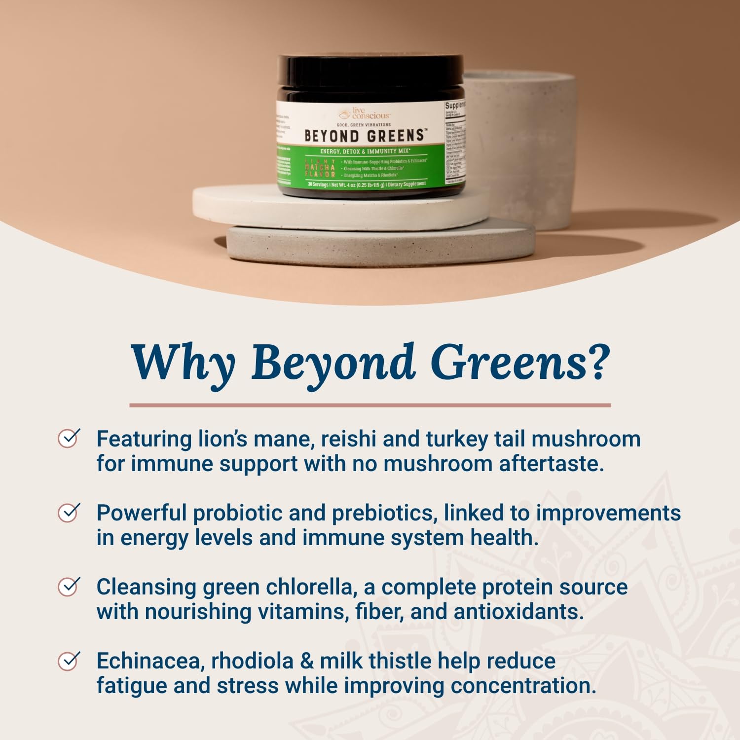 Live Conscious Beyond Greens, detalle de polvo verde con color intenso que inspira vitalidad.
