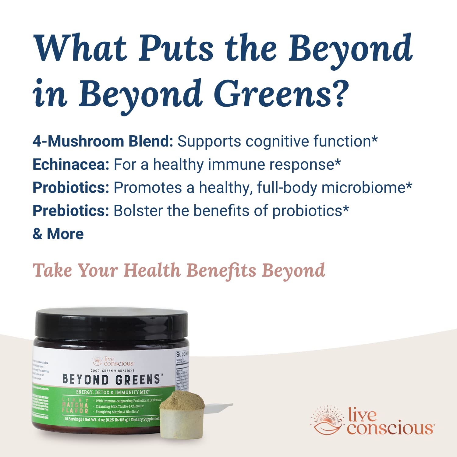 Live Conscious Beyond Greens, envase práctico para uso diario en casa o viaje.