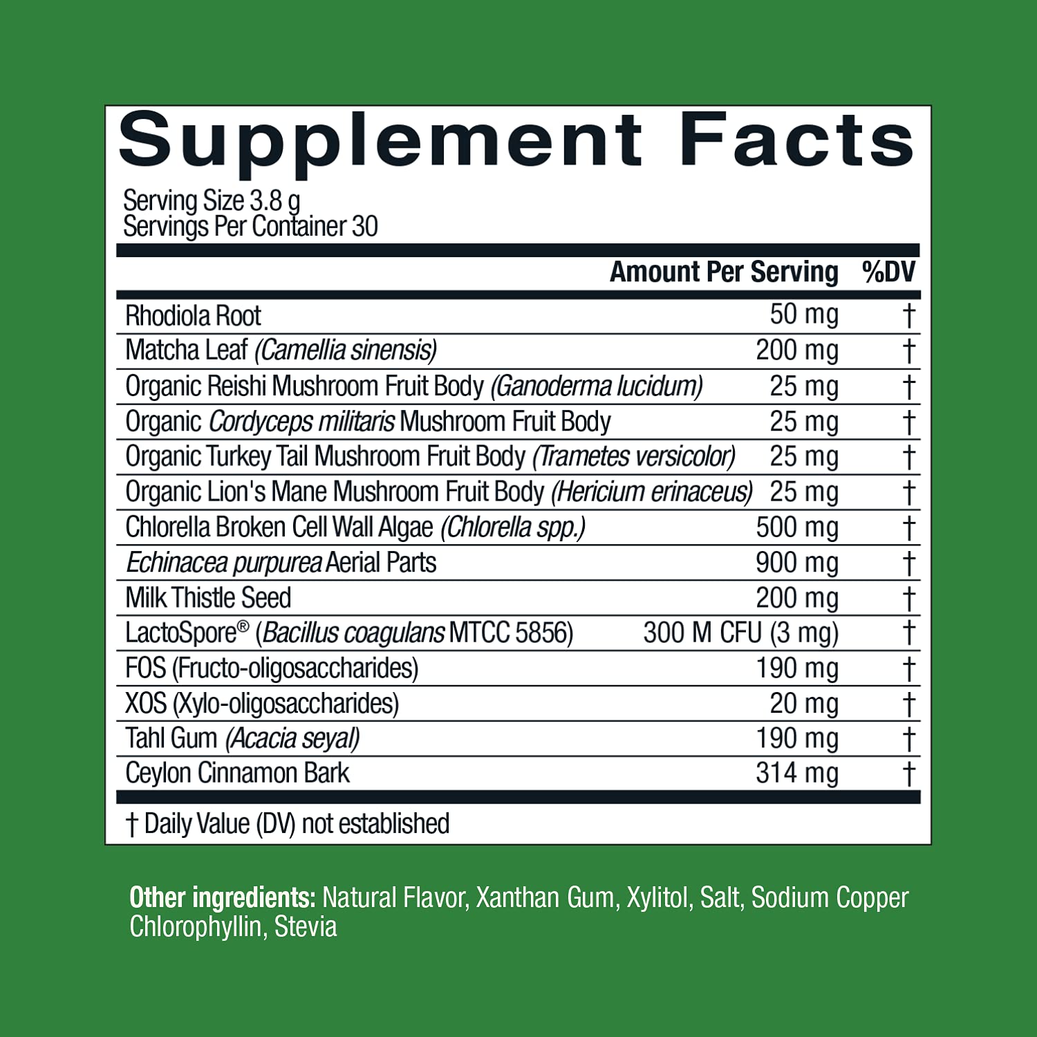 Live Conscious Beyond Greens, ingredientes chlorella, reishi y equinacea para digestión y defensa.