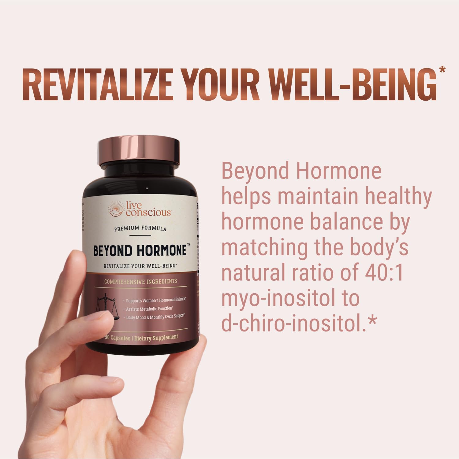 Live Conscious Beyond Hormone: botella trasera con etiqueta clara para dosis diarias.