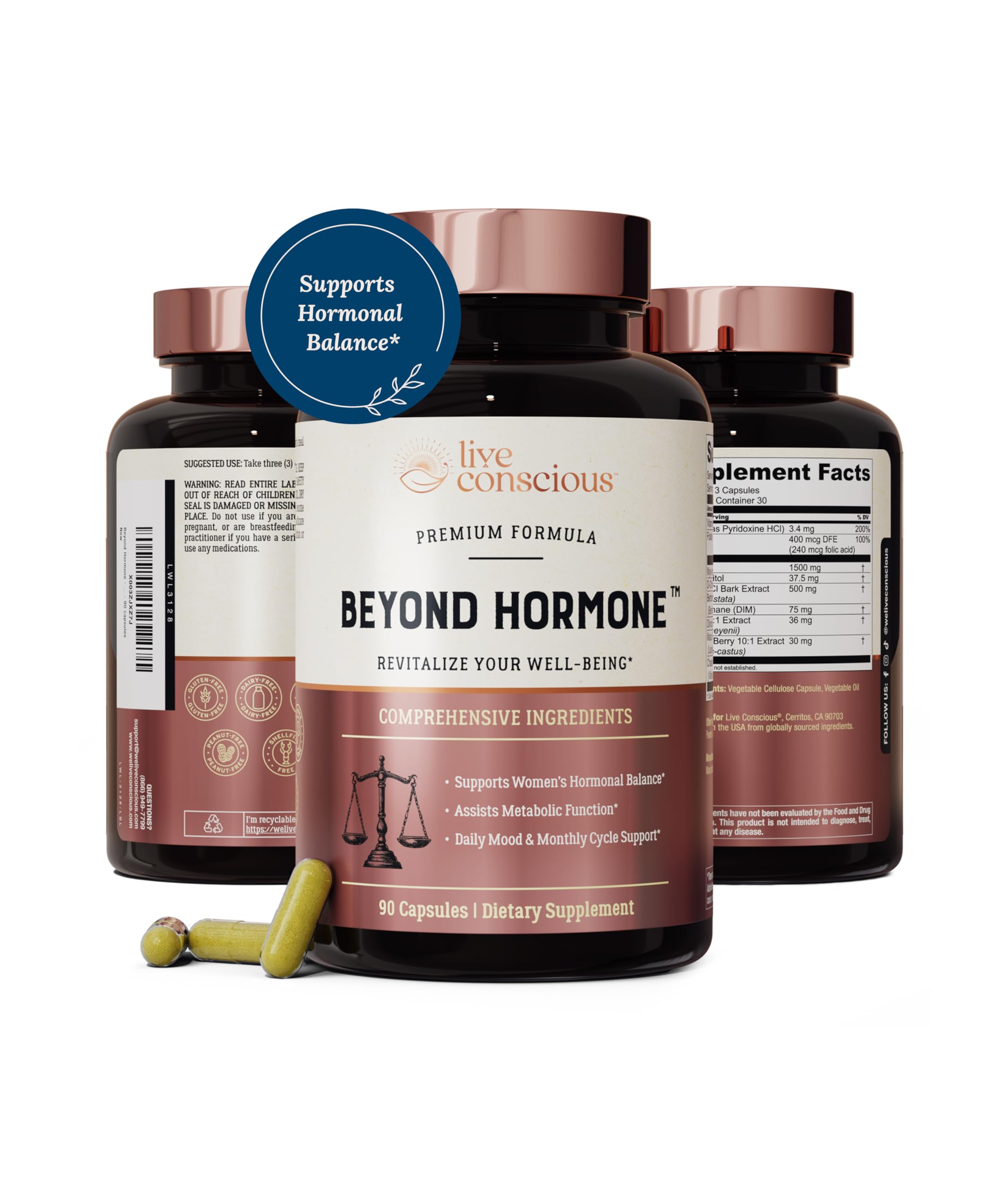 Live Conscious Beyond Hormone: botella frontal, posible apoyo hormonal diario.