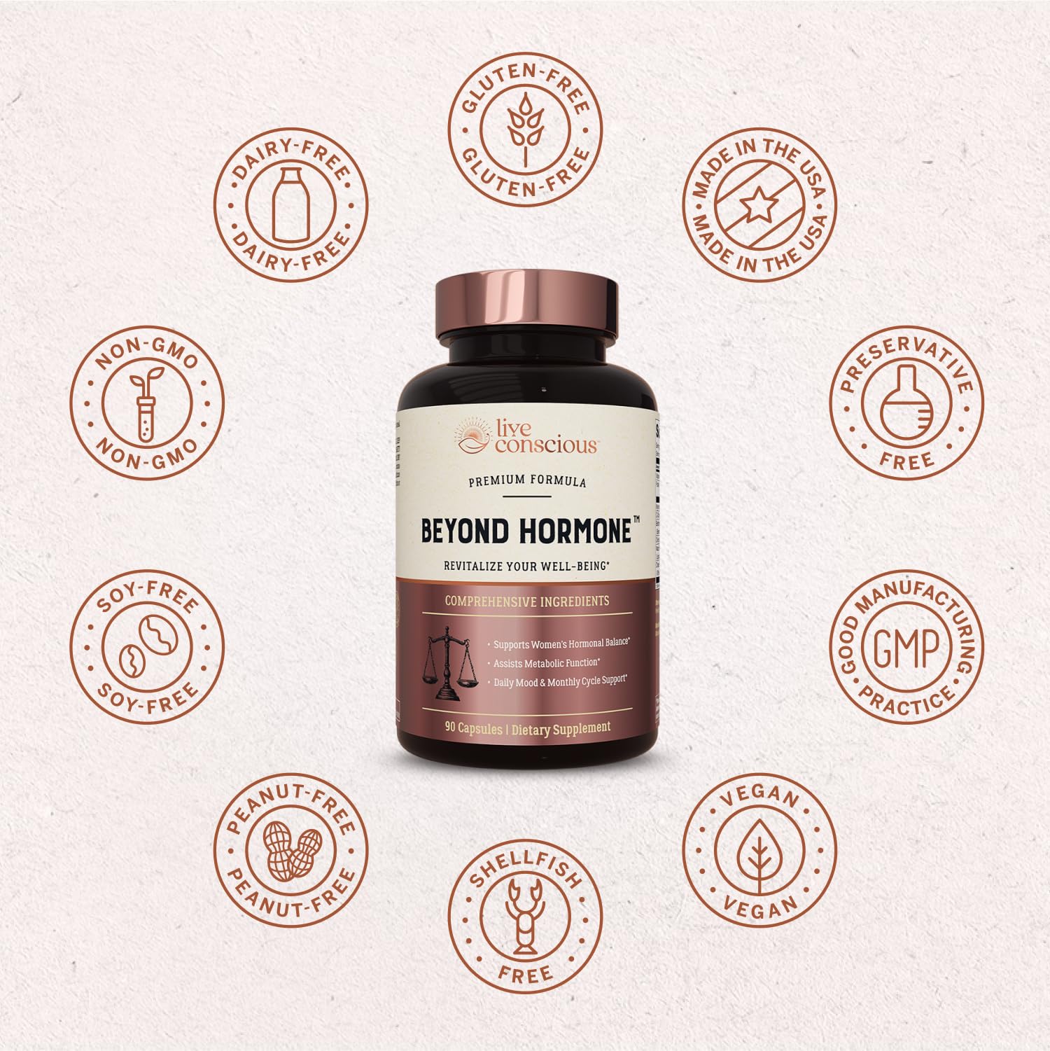 Live Conscious Beyond Hormone: cápsulas en mesa para la rutina diaria de bienestar hormonal.