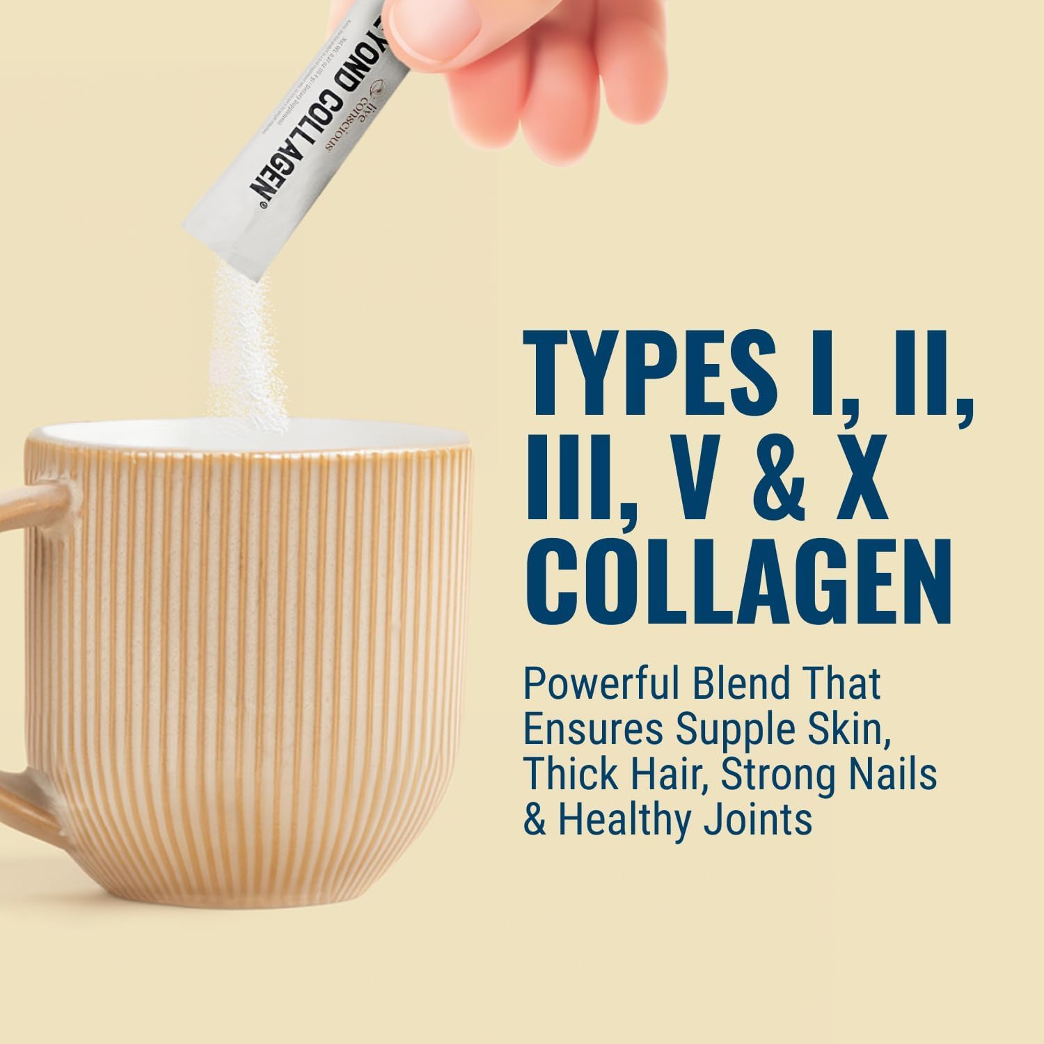 Colágeno Live Conscious: mezcla de 5 tipos de colágeno para apoyo de cabello y piel.