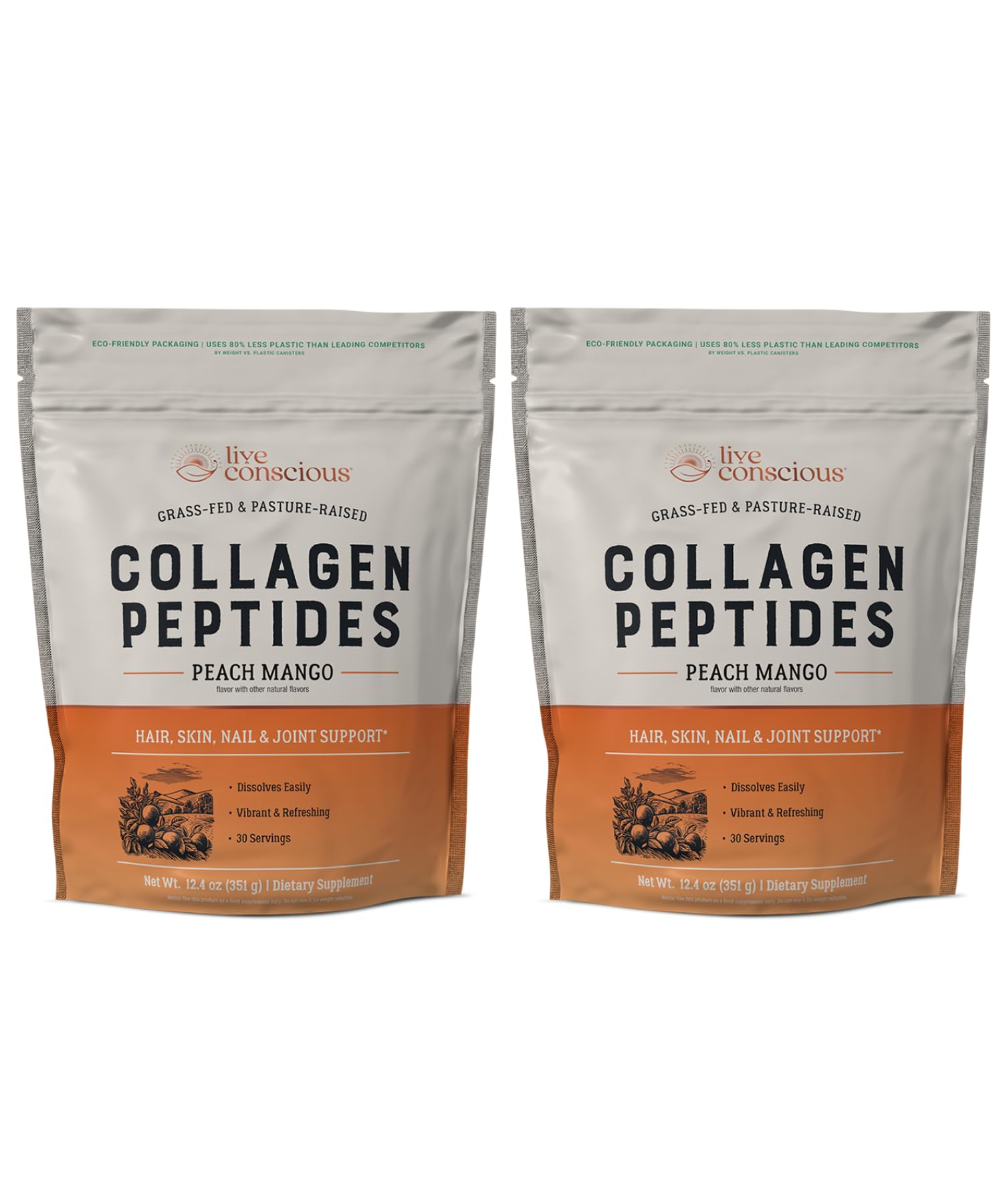 Live Conscious Colágeno Peptidos polvo sabor durazno mango en envase, ideal para piel y uñas.