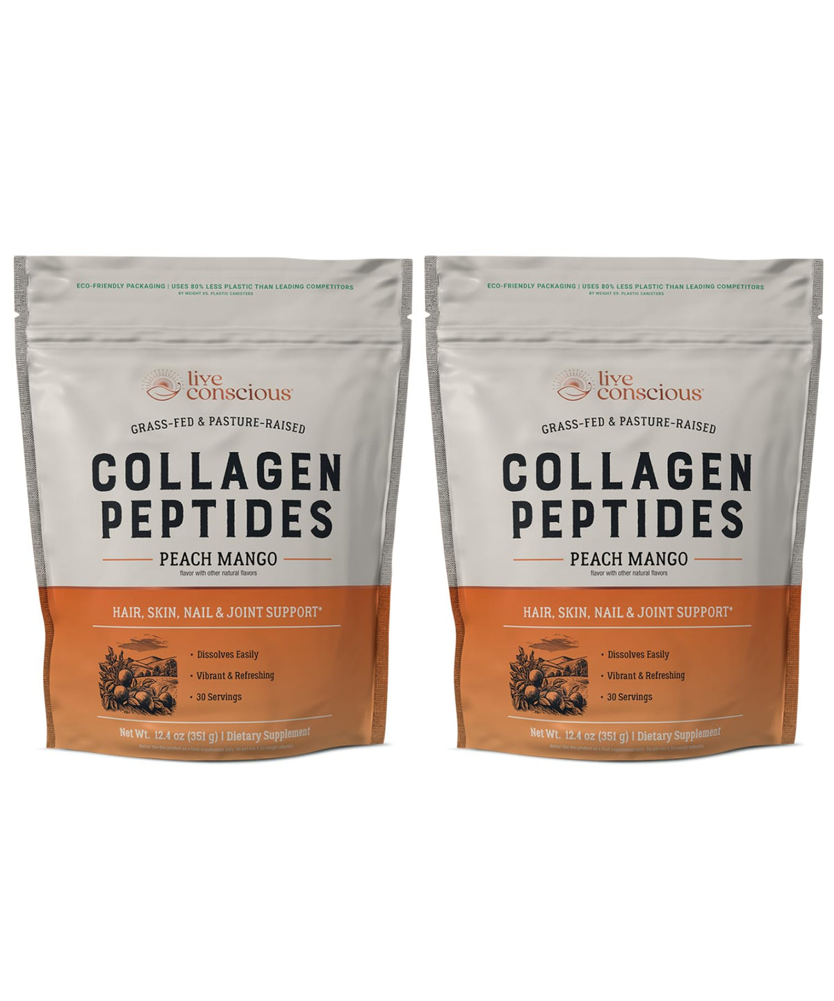 Live Conscious Colágeno Peptidos polvo sabor durazno mango en envase, ideal para piel y uñas.