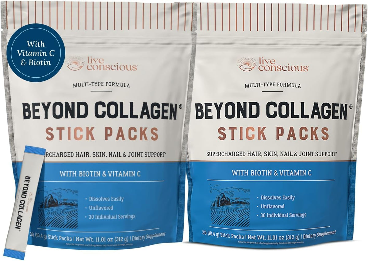Colágeno Live Conscious: sobres individuales prácticos para viajar y cuidar piel, cabello y uñas.