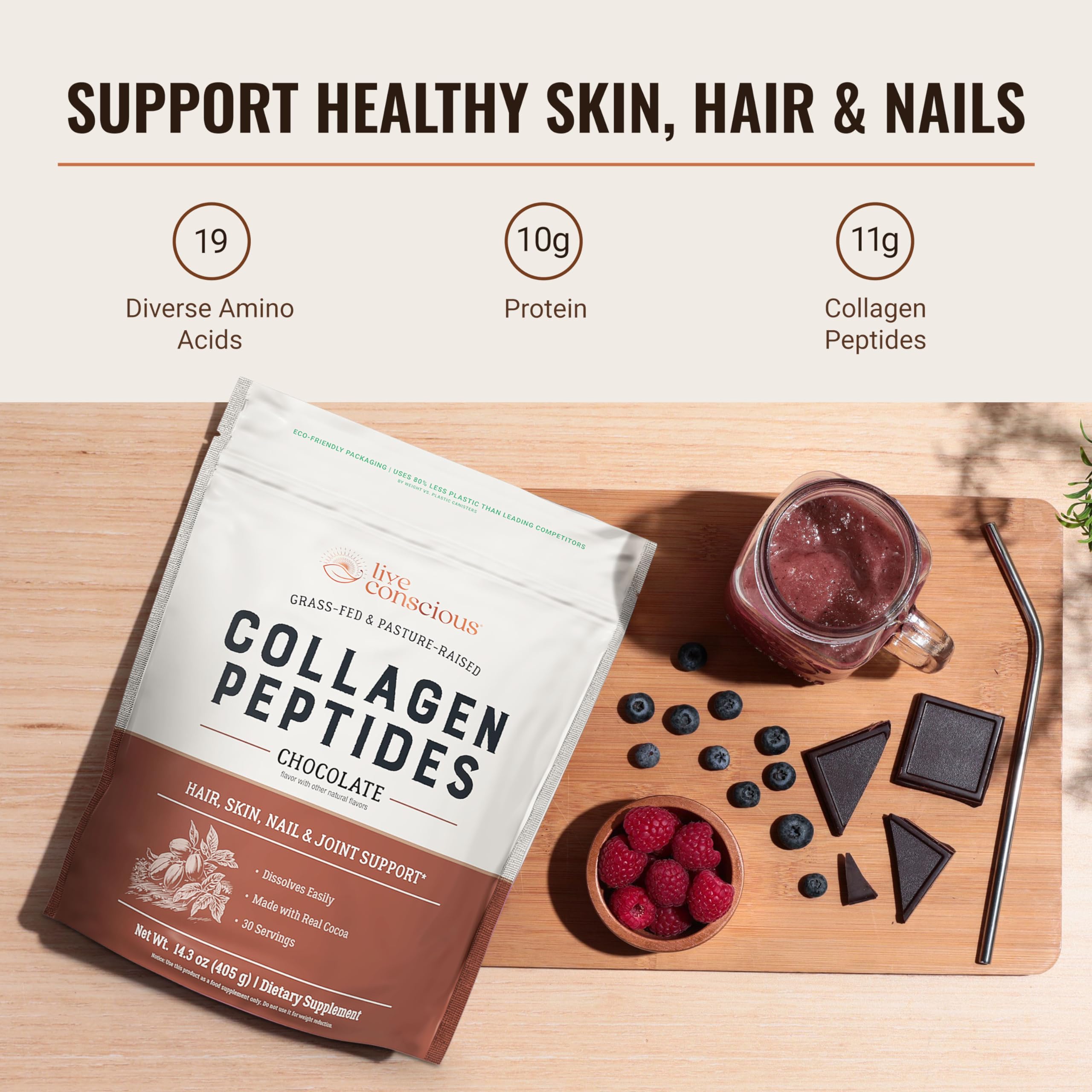 Live Conscious Collagen Chocolate, polvo: textura suave para mezclar en batidos nutritivos.