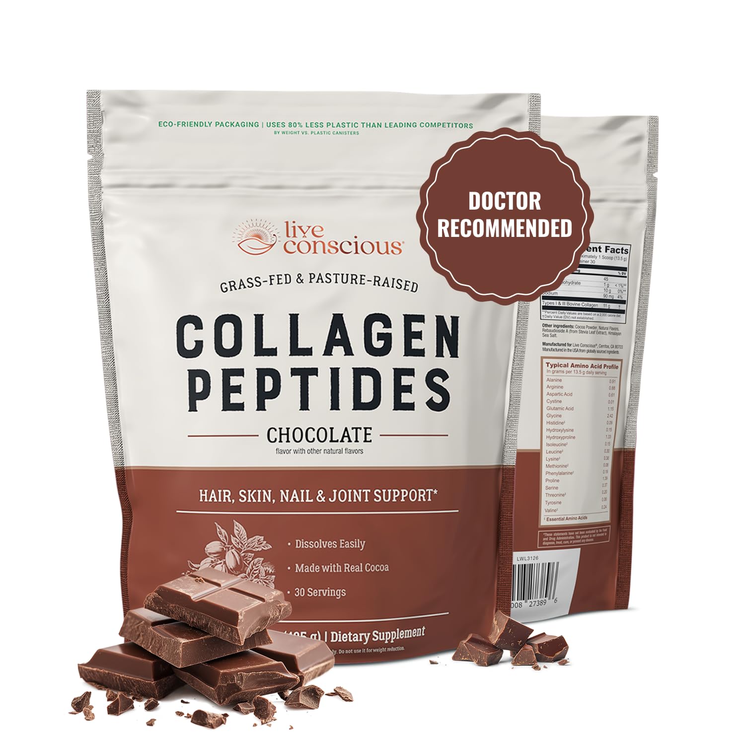Live Conscious Collagen Chocolate, pote: almacenamiento práctico para una dosis diaria de apoyo a piel y uñas.