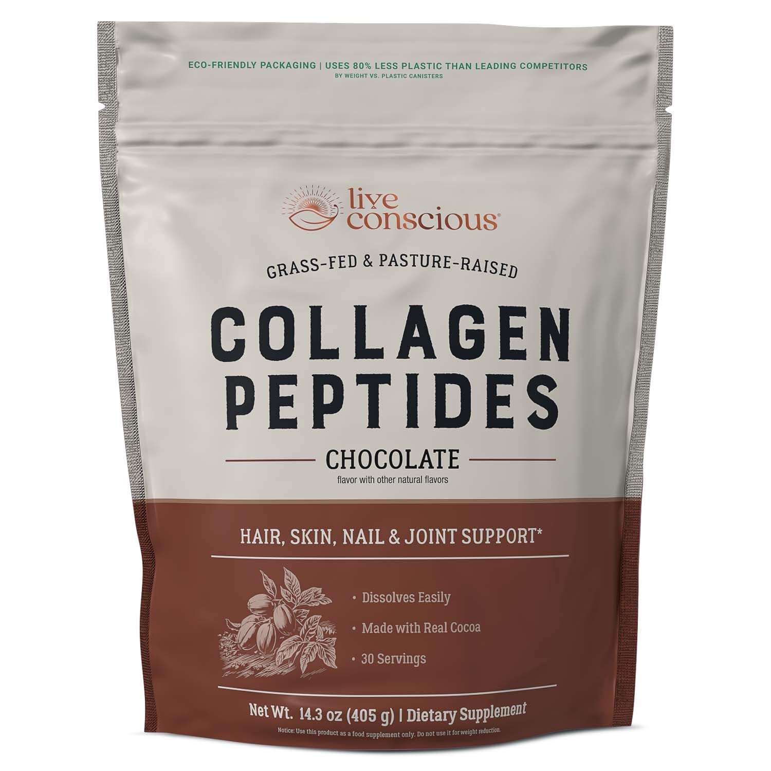 Live Conscious Collagen Chocolate, empaque práctico: ideal para uso diario.
