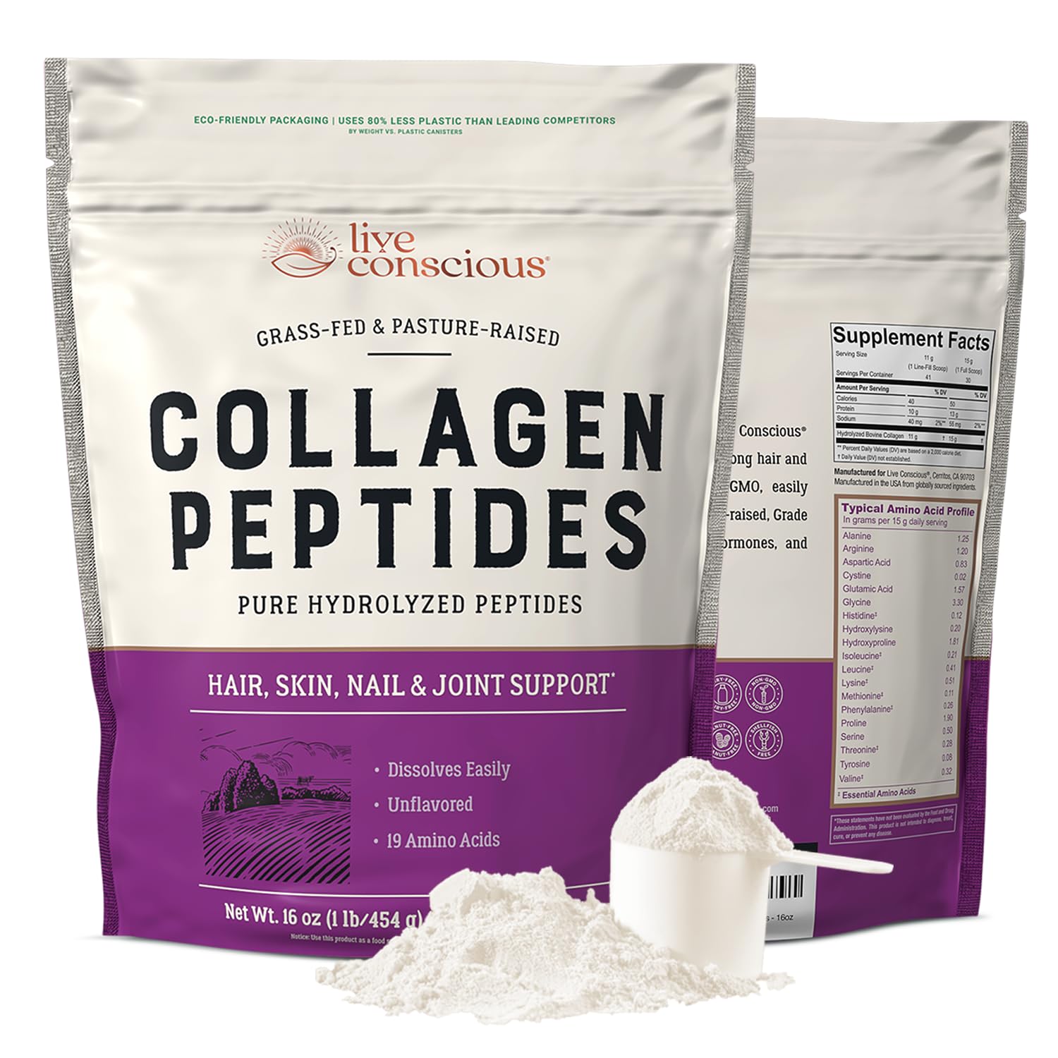 Live Conscious Colágeno Peptides en botella 16oz para apoyo diario de piel y uñas