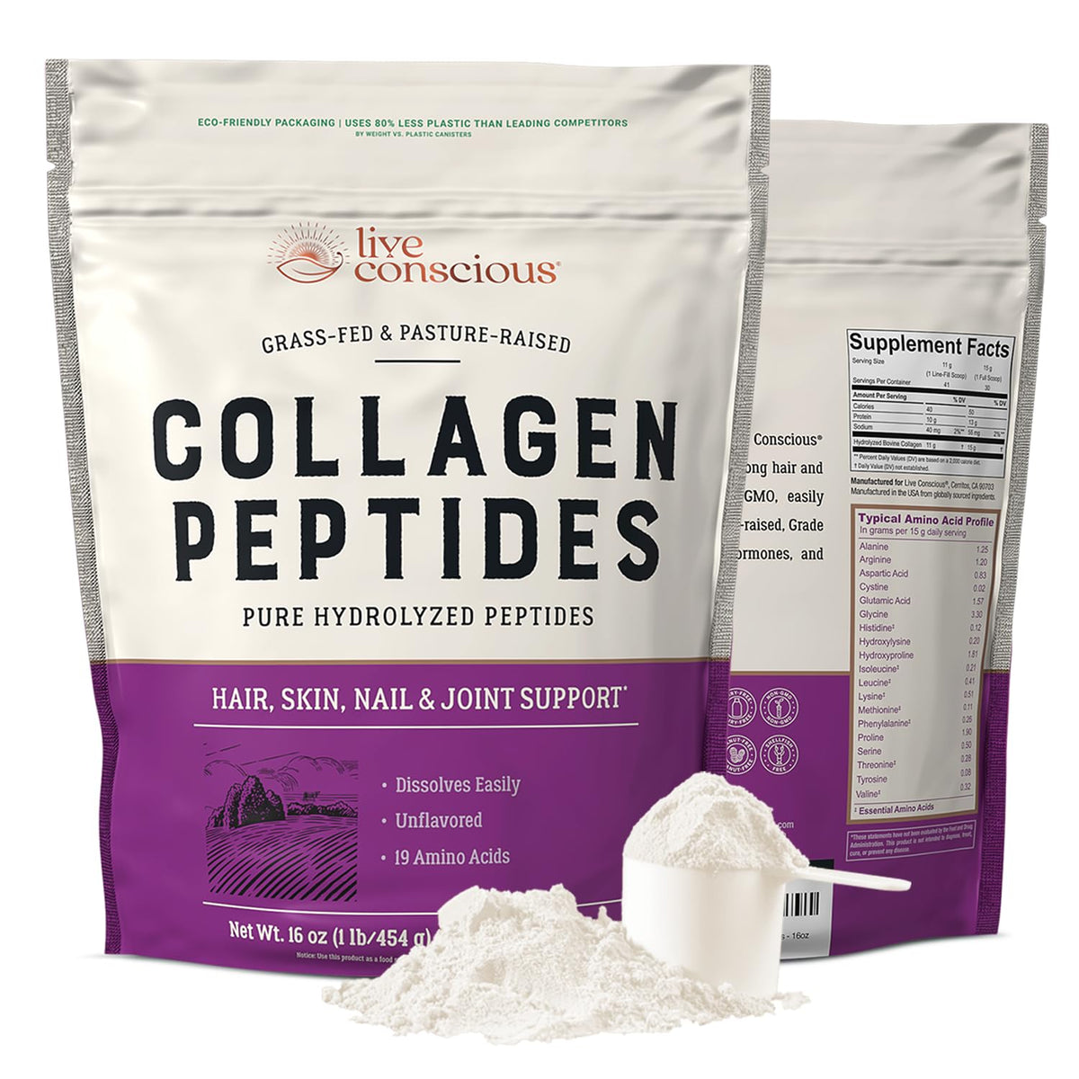 Live Conscious Colágeno Peptides en botella 16oz para apoyo diario de piel y uñas