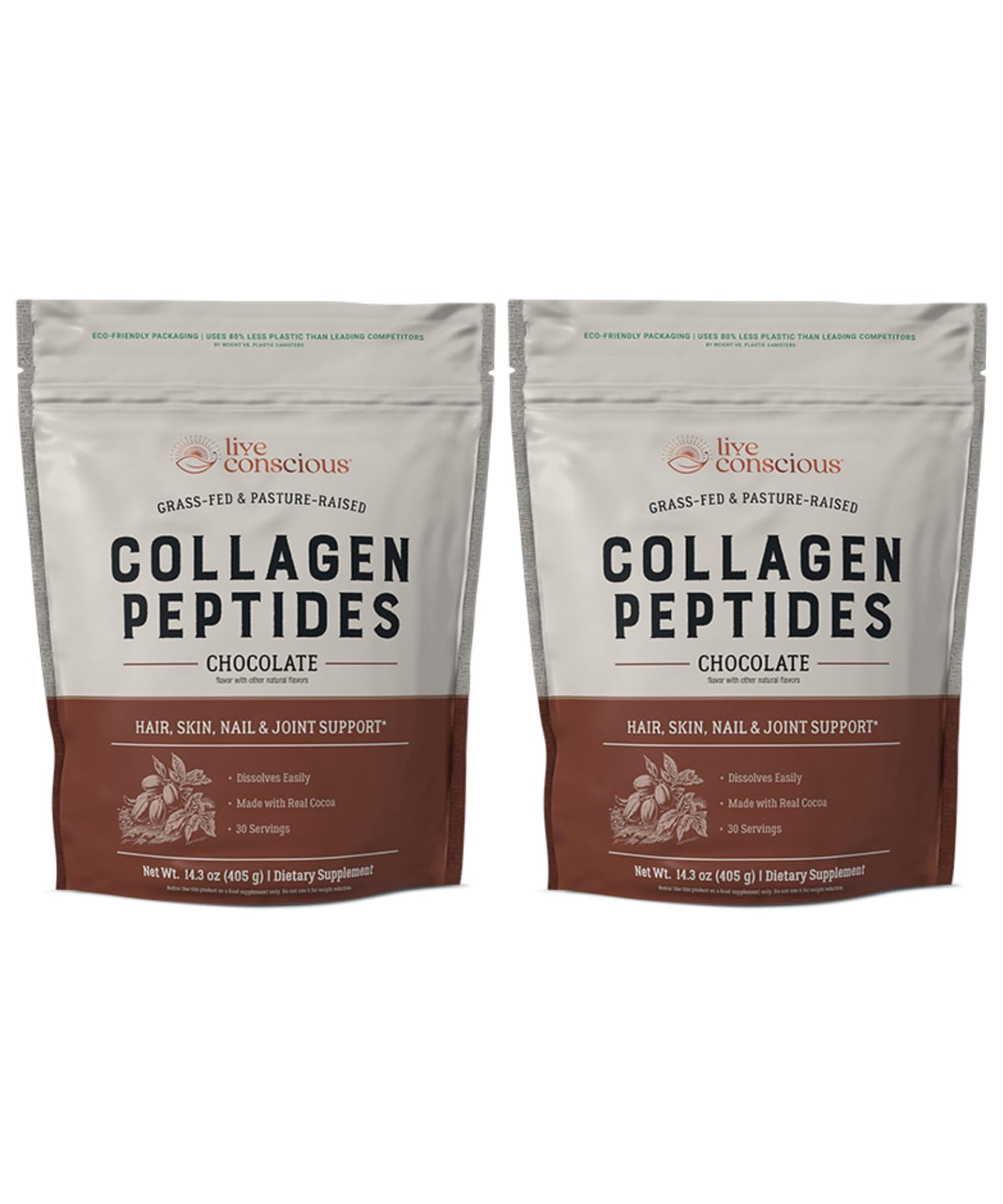 Live Conscious Collagen Peptides Chocolate: botella vertiendo batido para apoyar piel y uñas