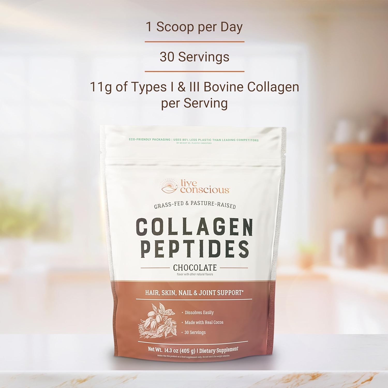 Live Conscious Collagen Peptides Chocolate: cuchara mezcladora para batidos que favorecen la elasticidad de la piel
