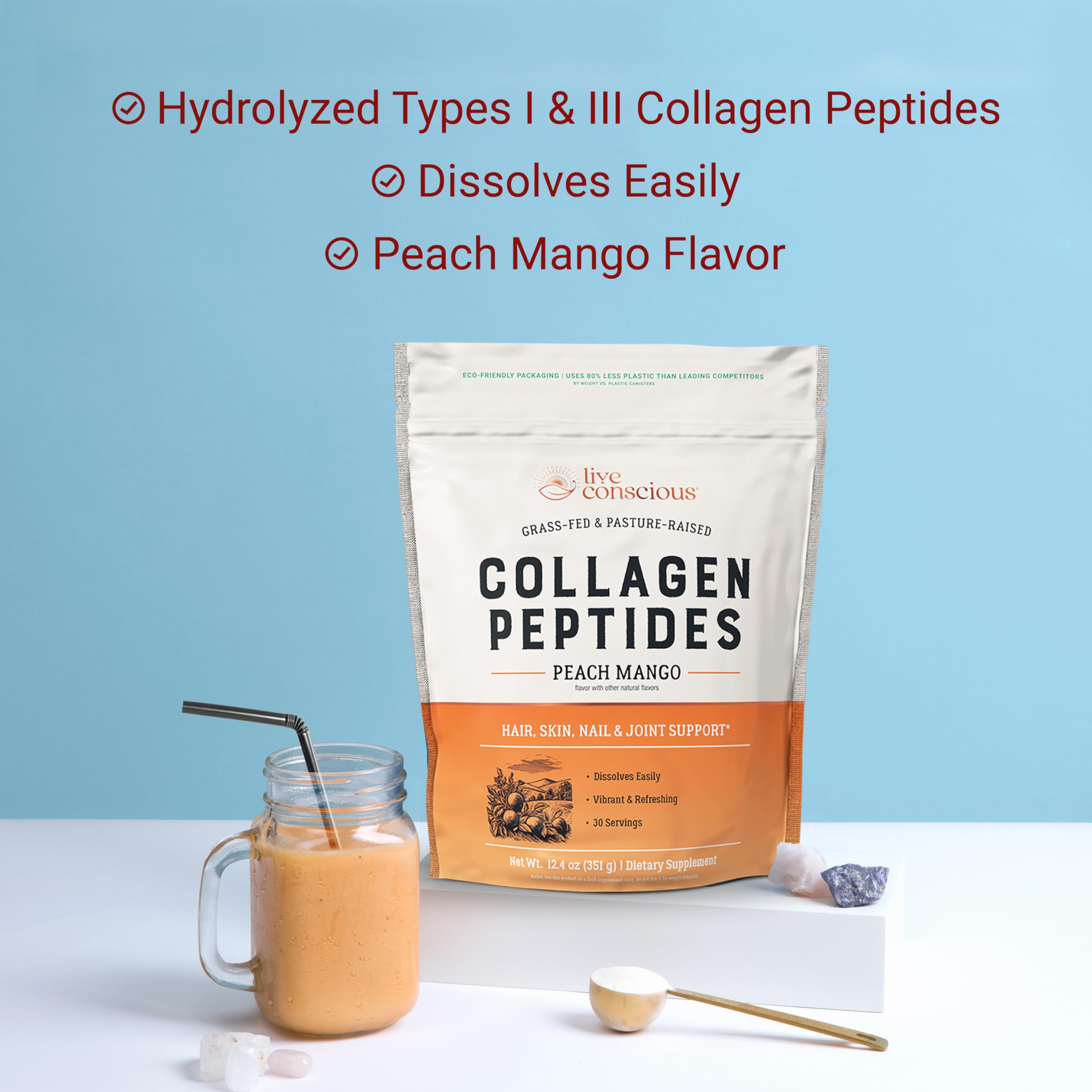 Live Conscious Collagen Peptides Durazno Mango fuente principal de proteína para uso diario.