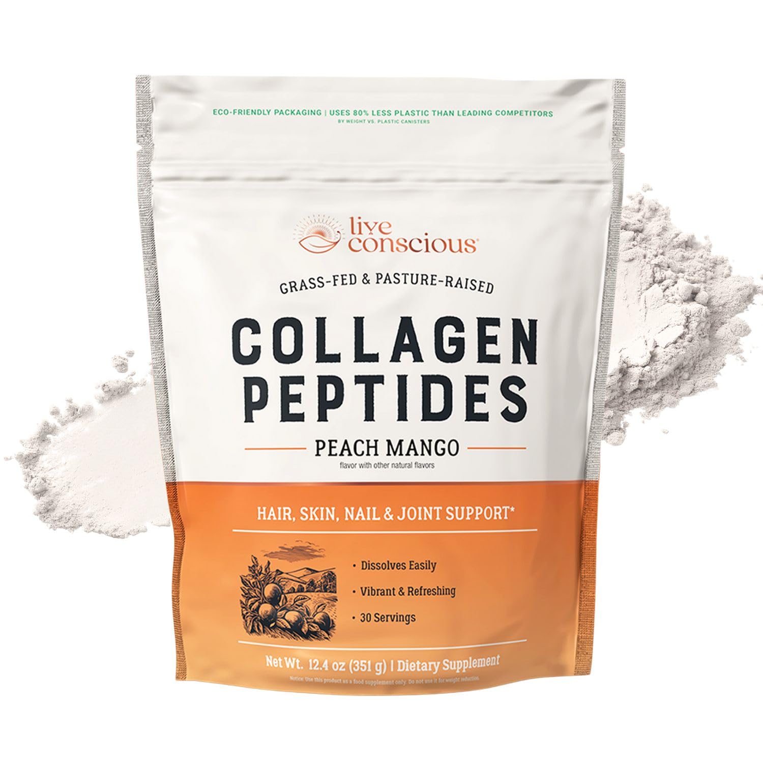 Live Conscious Collagen Peptides Durazno Mango en tarro, ritual de cuidado diario de piel.
