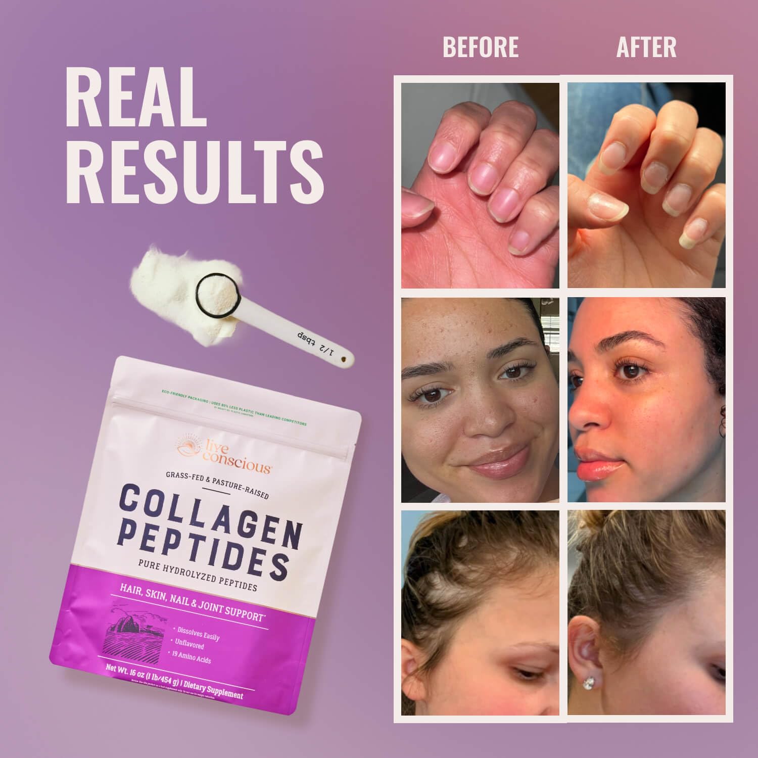 Etiqueta clara de Live Conscious Collagen Peptides facilita ver ingredientes de origen bovino