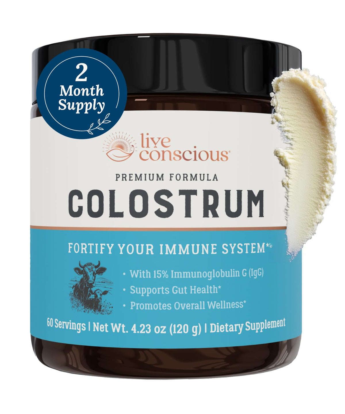 Live Conscious Colostrum en polvo en bote frontal; apoyo al sistema inmunitario.