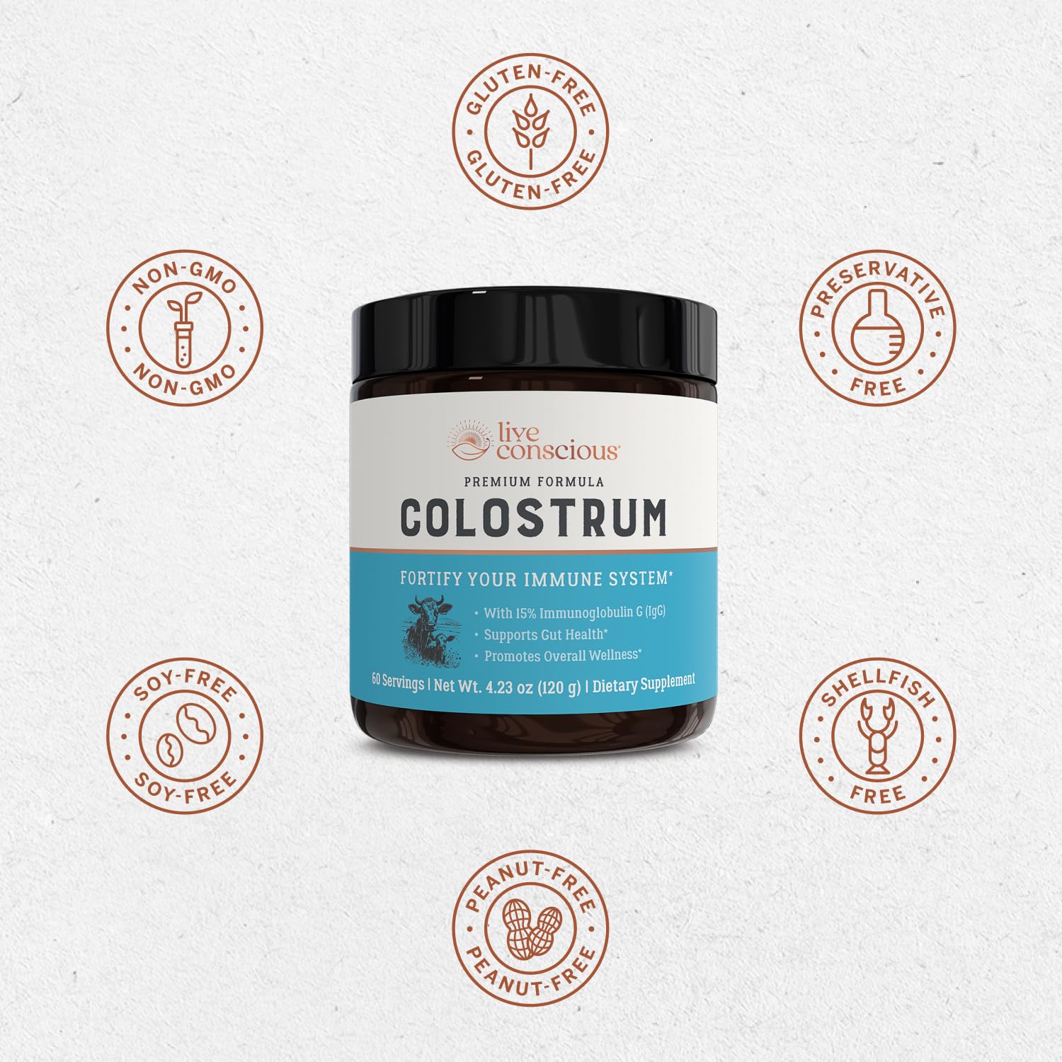 Live Conscious Colostrum polvo; uso diario en la cocina.