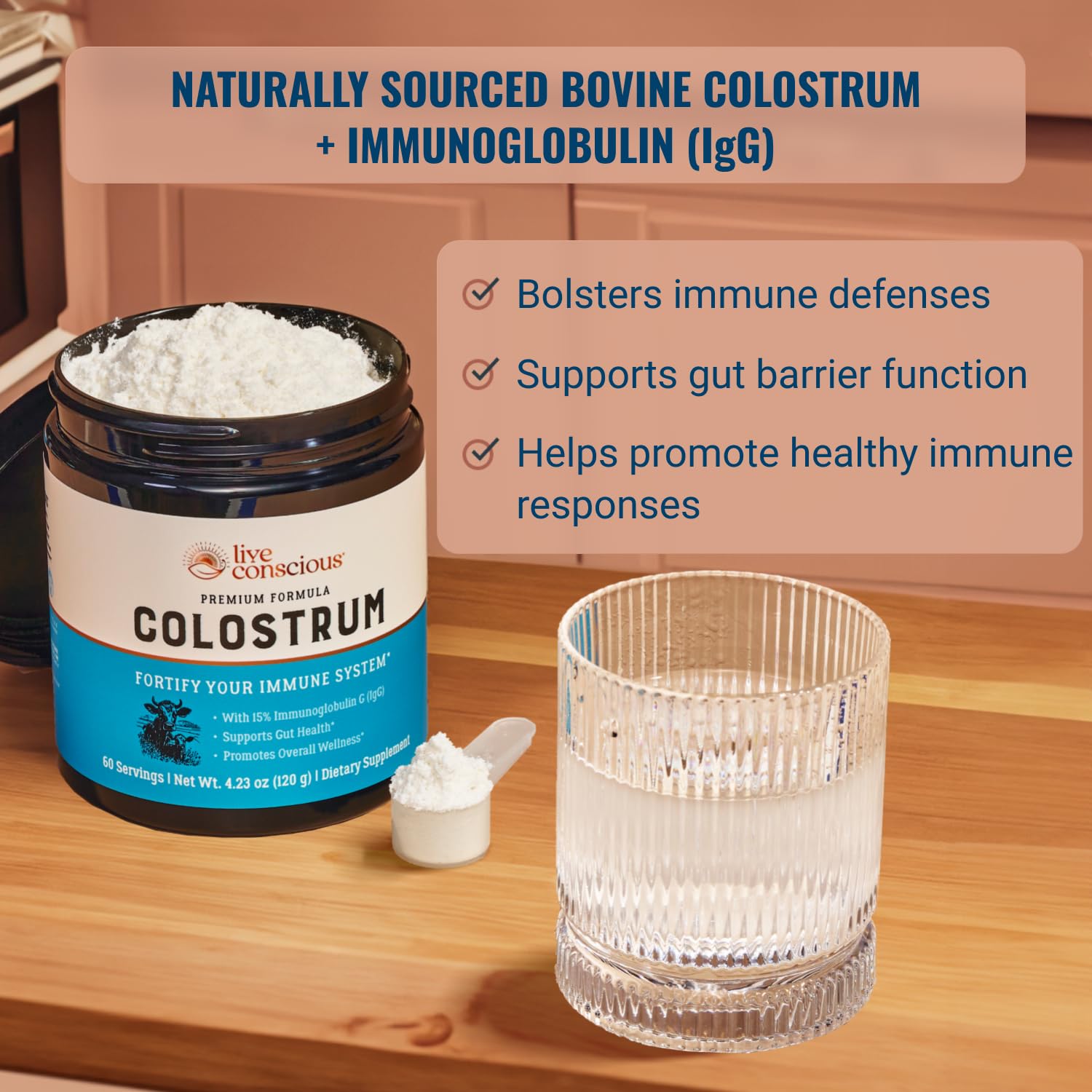 Live Conscious Colostrum polvo; dosificador fácil para dosis diarias.