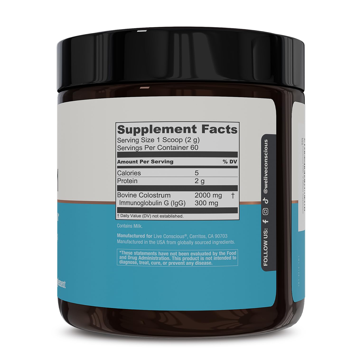 Live Conscious Colostrum polvo; ingredientes bioactivos visibles.