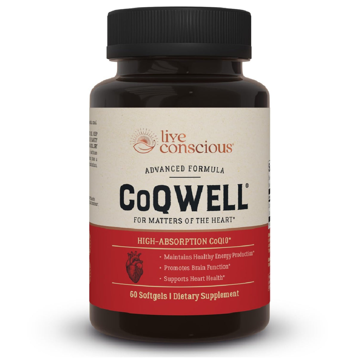Live Conscious CoQWell: botella vertida, apoyo a energía celular diaria.