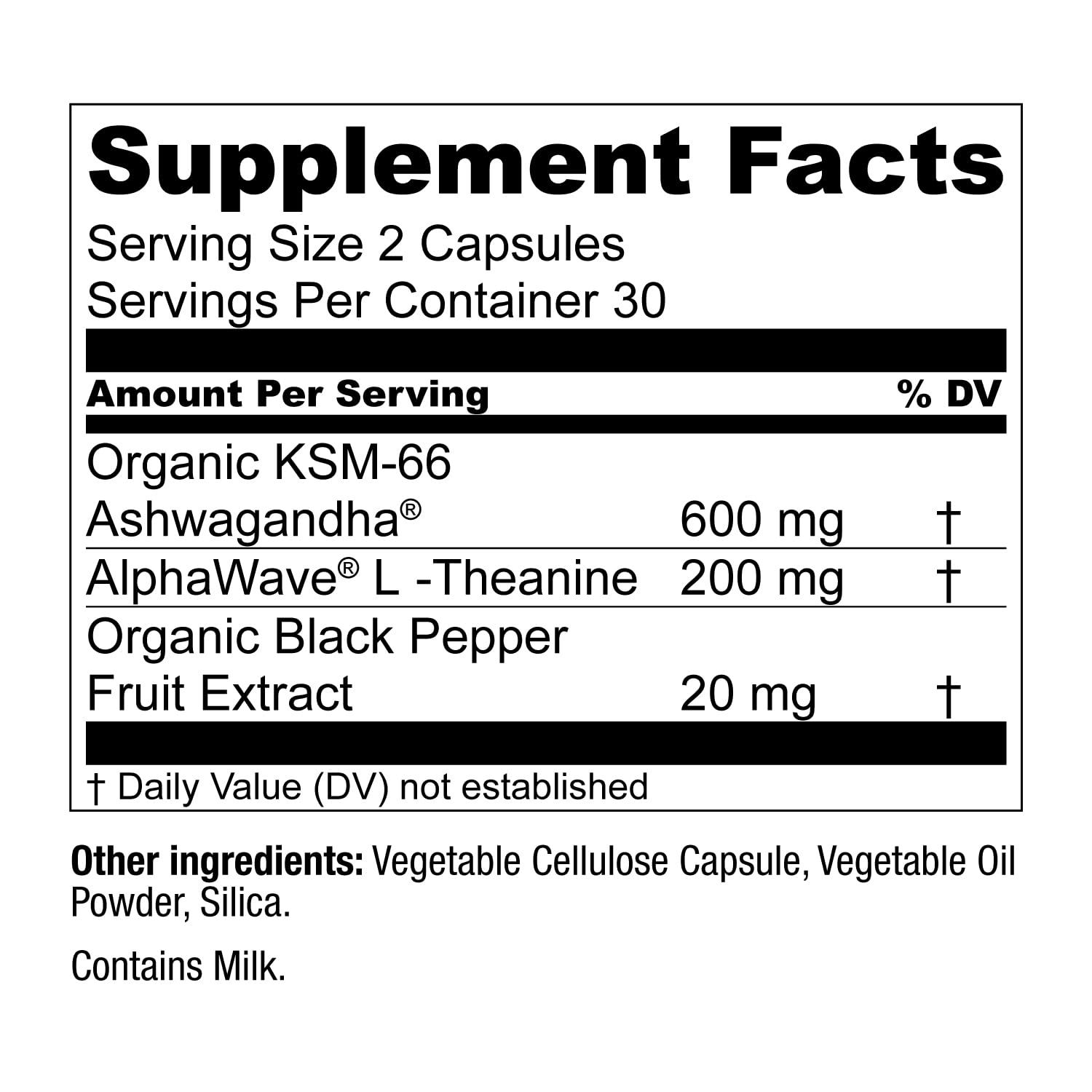 Etiqueta de ingredientes muestra ashwagandha y L-teanina para claridad.