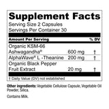 Etiqueta de ingredientes muestra ashwagandha y L-teanina para claridad.