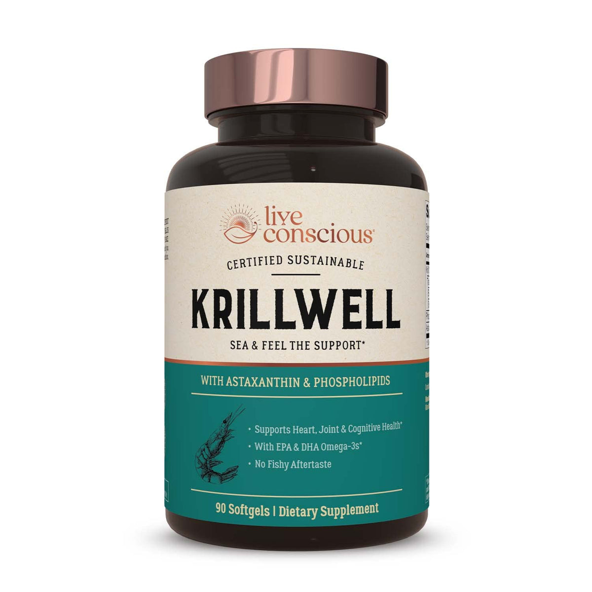 Live Conscious KrillWell envase claro muestra la dosis diaria.