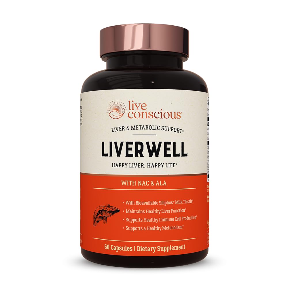 LiverWell de Live Conscious: botella y cápsulas para apoyo potencial a la salud hepática.