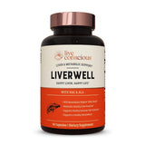LiverWell de Live Conscious: botella y cápsulas para apoyo potencial a la salud hepática.