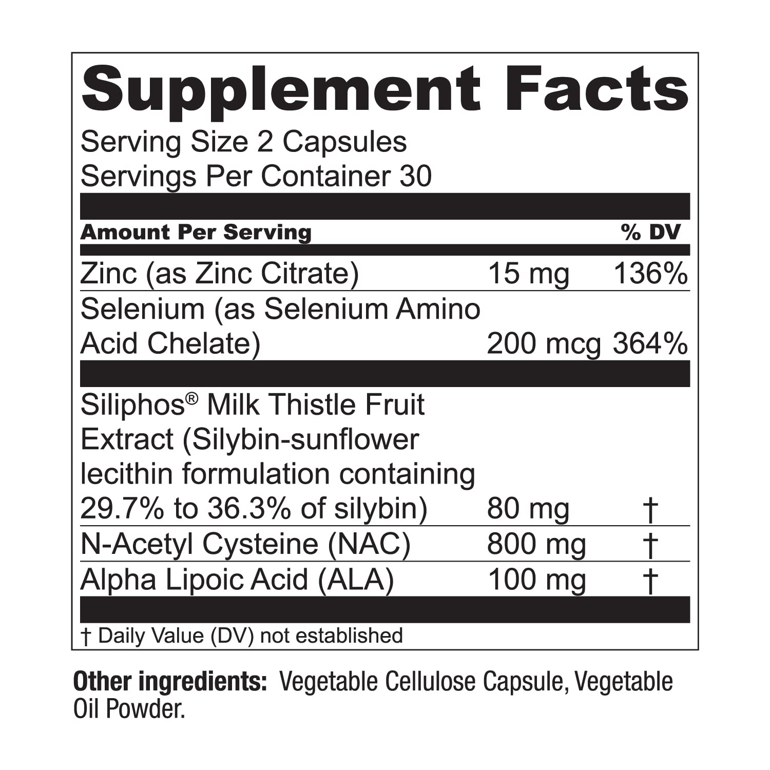 LiverWell incluye N-acetilcisteína y ácido alfa-lipoico para posibles antioxidantes.