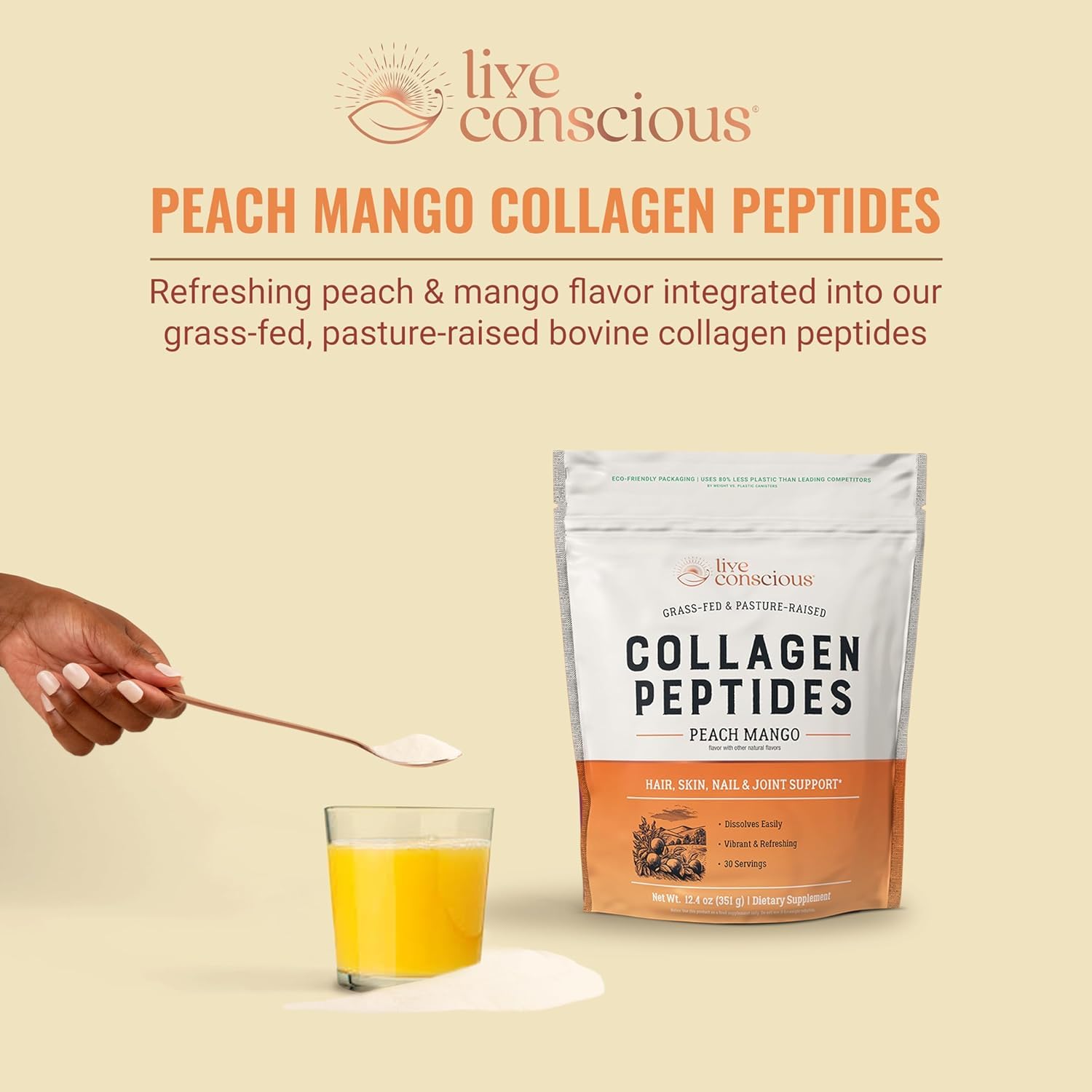 Piel radiante y cabello saludable con Live Conscious Colágeno tipo I y III.