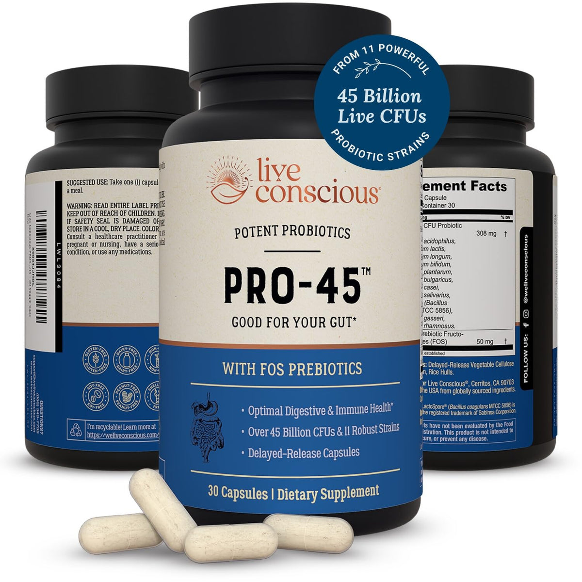 Live Conscious PRO45: botella 30 cápsulas para uso diario y equilibrio digestivo.