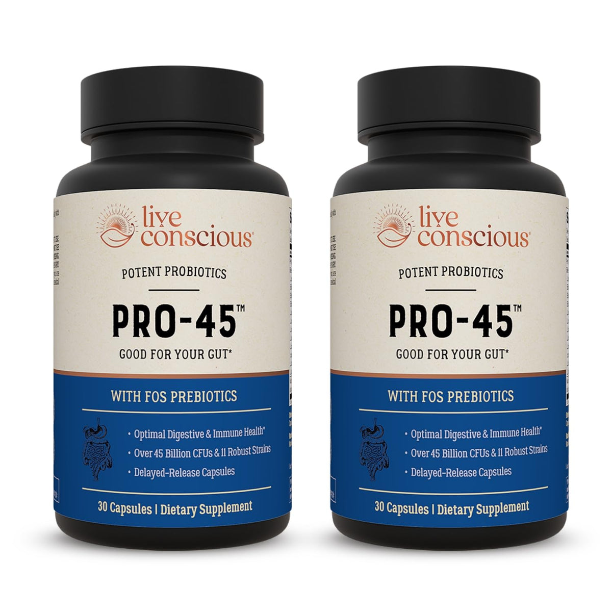 Live Conscious PRO45: botella con etiqueta clara para revisar beneficios.