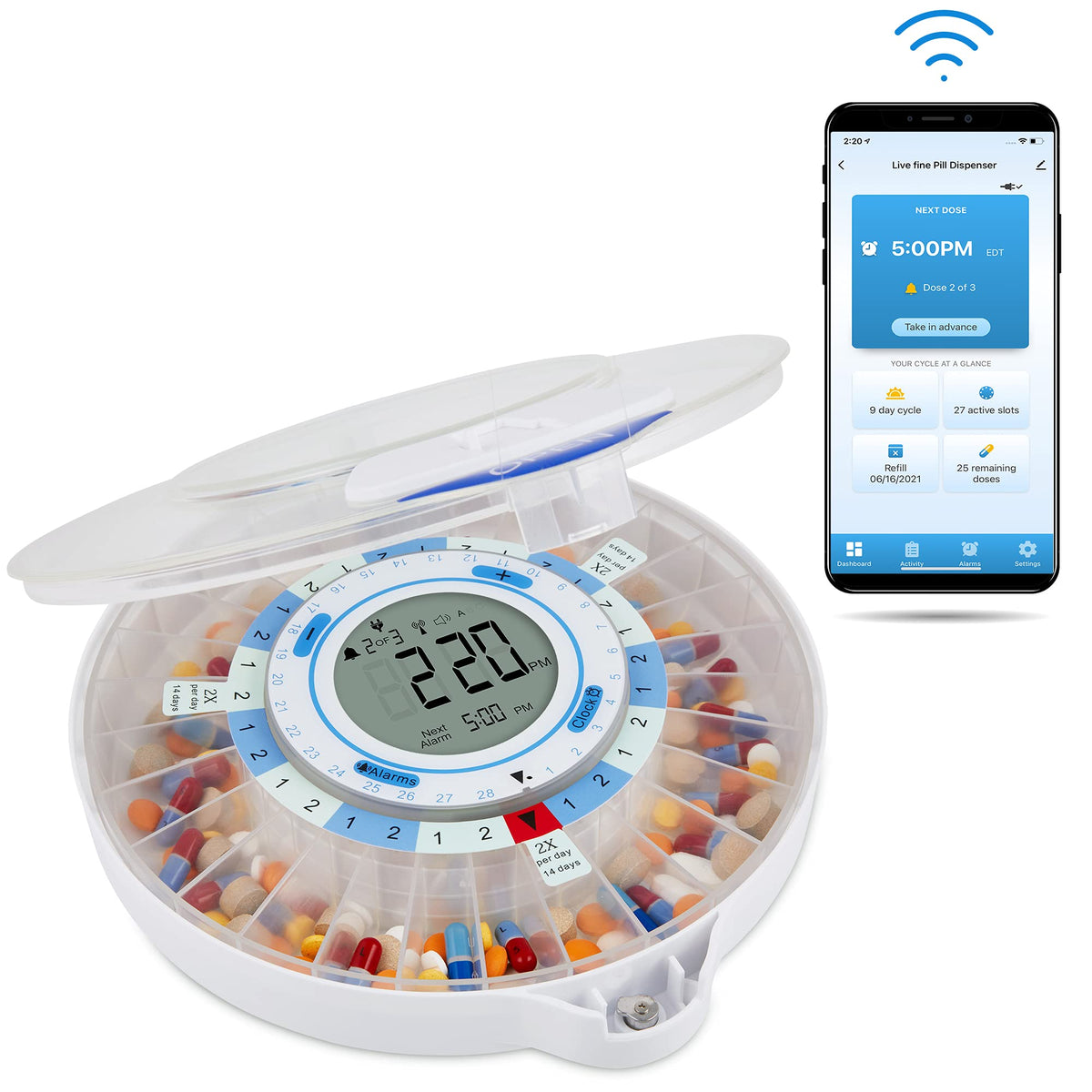 Live Fine Dispensador con wifi para organizar pastillas diariamente.